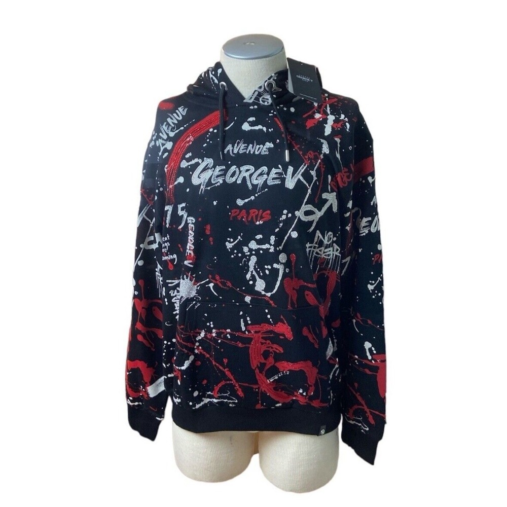 George V Paris Hoodie GV-2419 Men's XL Black Splatter Pullover Sweatshirt